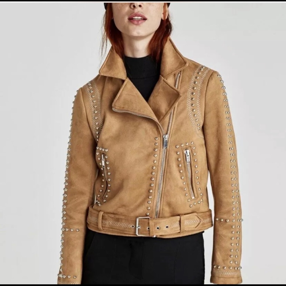NWT - Zara Camel Faux Suede Studded Moto Biker Jacket